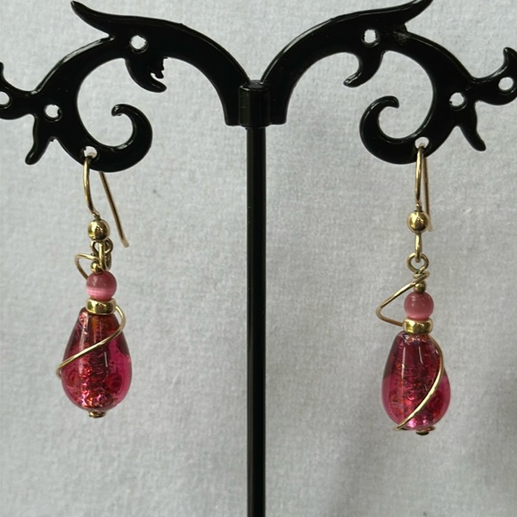 Pink Glass Tear Drop Earrings - Picture 1 of 8